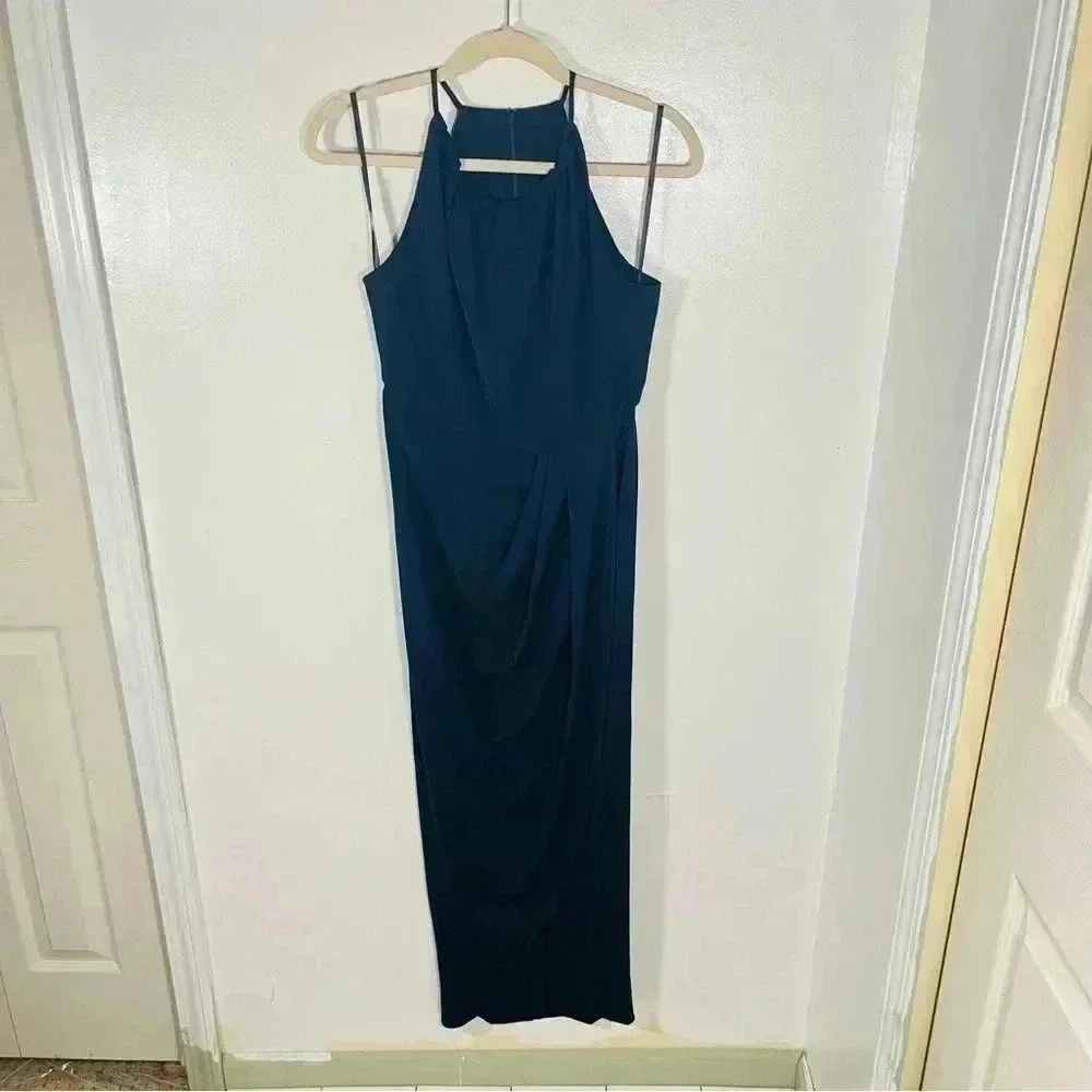 NWT Shona Joy High Neck Ruched Draped Maxi Dress Navy Blue